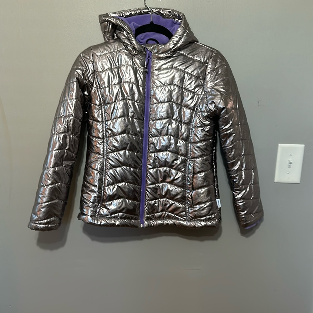 Magellan Girl’s Puffer Jacket, Hooded, Metallic Silver, Purple Fleece, Girl’s L